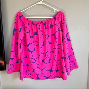 NWT Mahi Gold Off the Shoulder Blouse Margarita Boho Blossom Pink Blue S